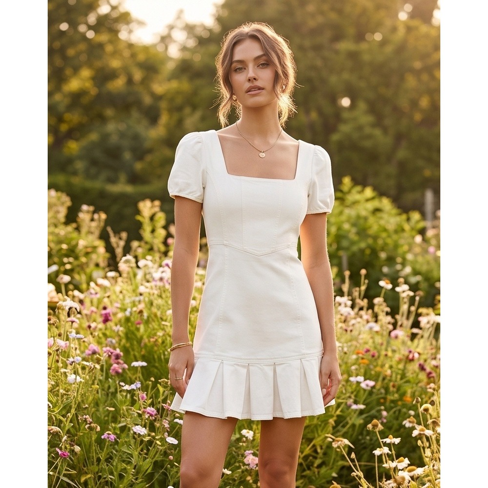 Planet Gold L White Denim Mini Dress Cottagecore Square Neck Ruffle‎ Hem NWT